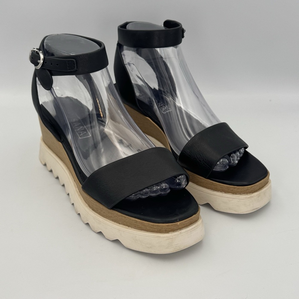 SOL SANA Black Platform Tray Wedge Sandals‎ Women's Size 38 US 7.5-8 Ankle Strap